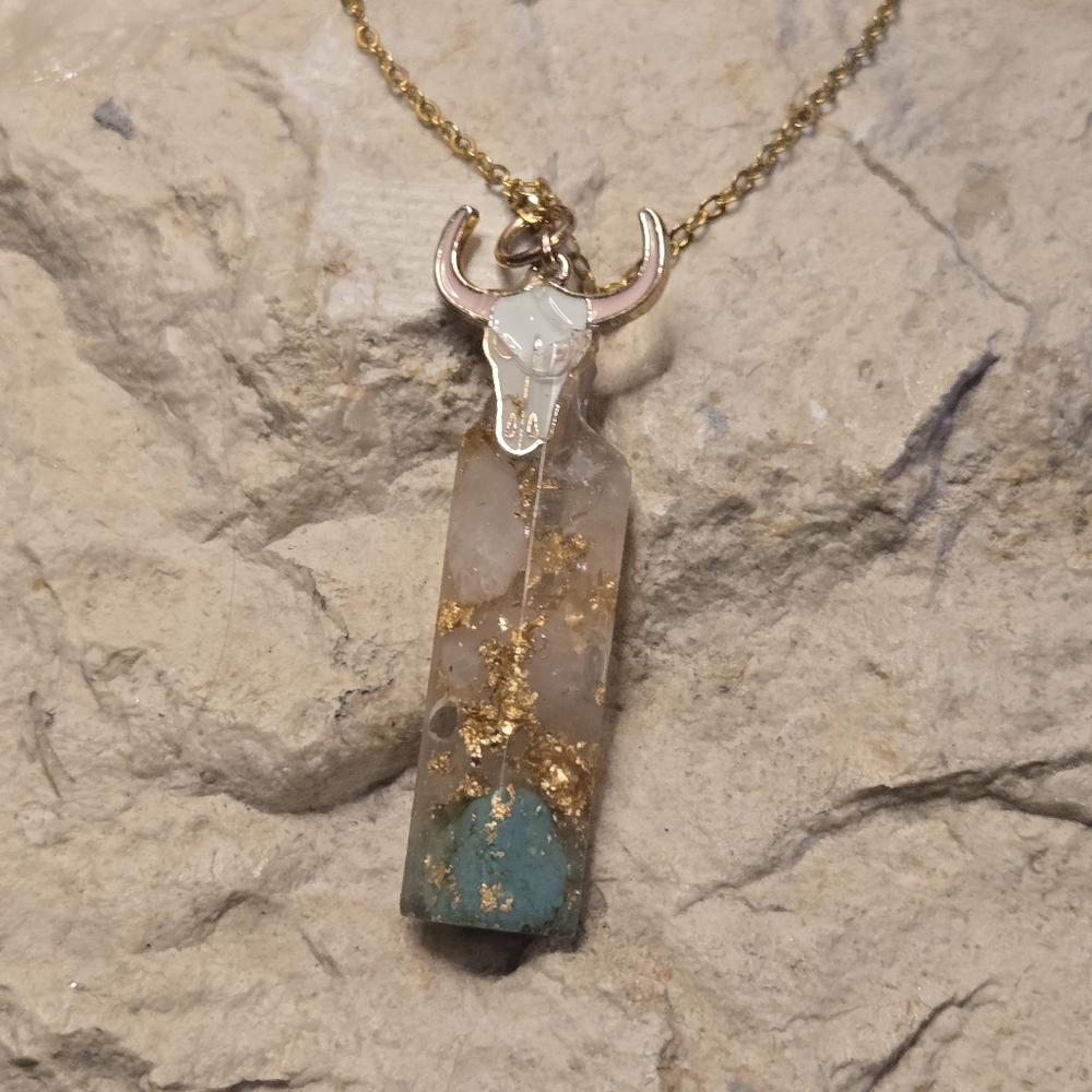Rose Quartz & Turquoise Resin Cylinder Pendant Necklace | Gold Foil Accent | 20” - Picture 7 of 10